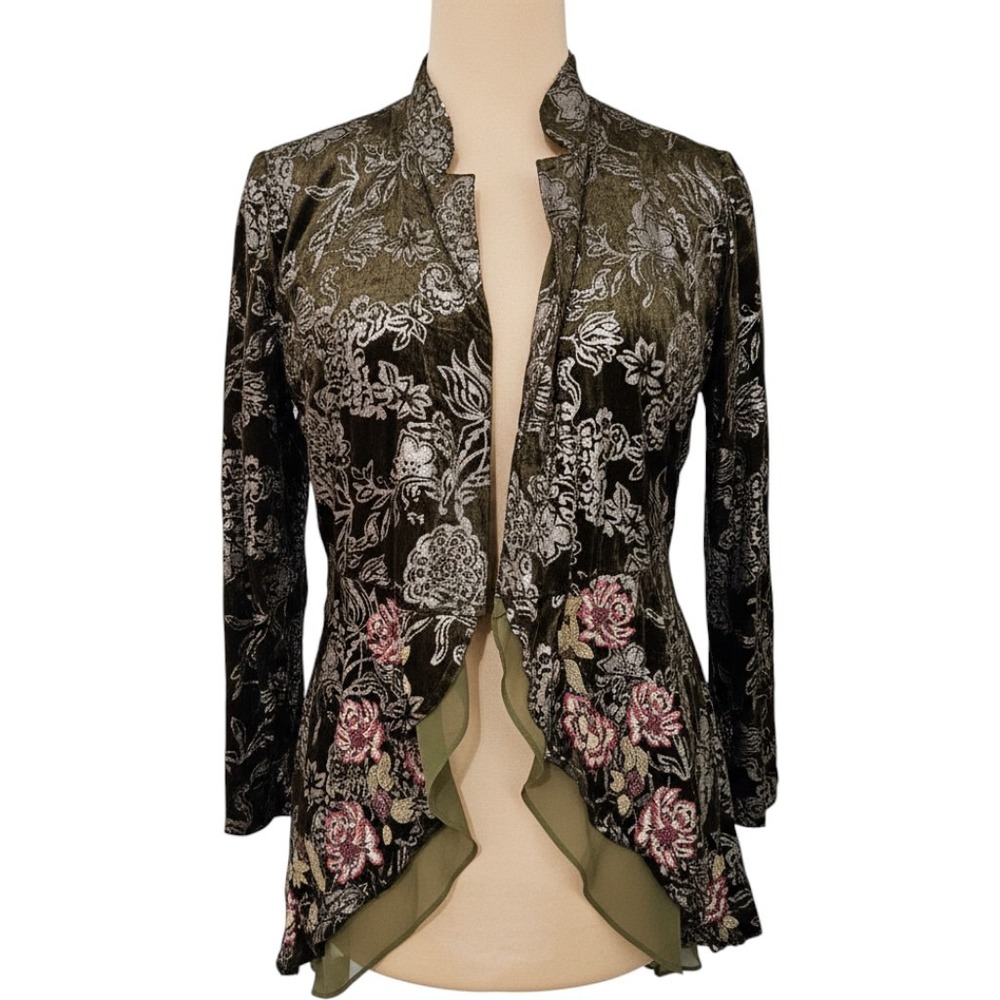 Chico's Olive Green Velvet Burnout Floral Cardigan Jacket Chiffon Trim Medium